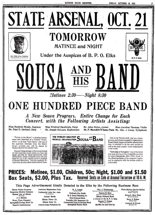 A Sousa newspaper ad from 1922 listing a young Meredith Willson.